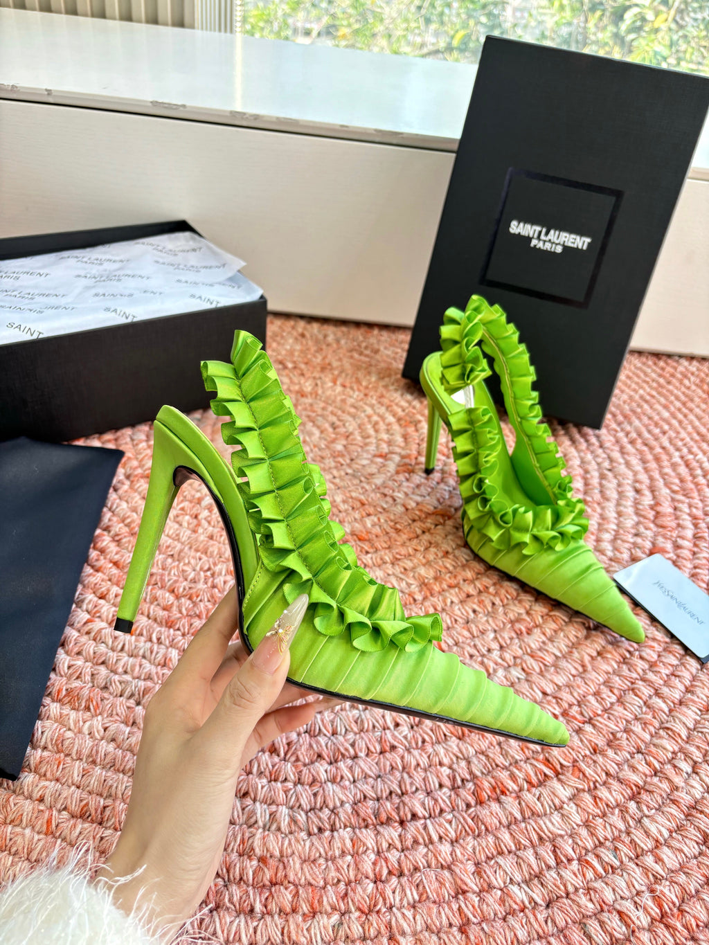 YSL 26ss Slingback Green Silk Leather 648838