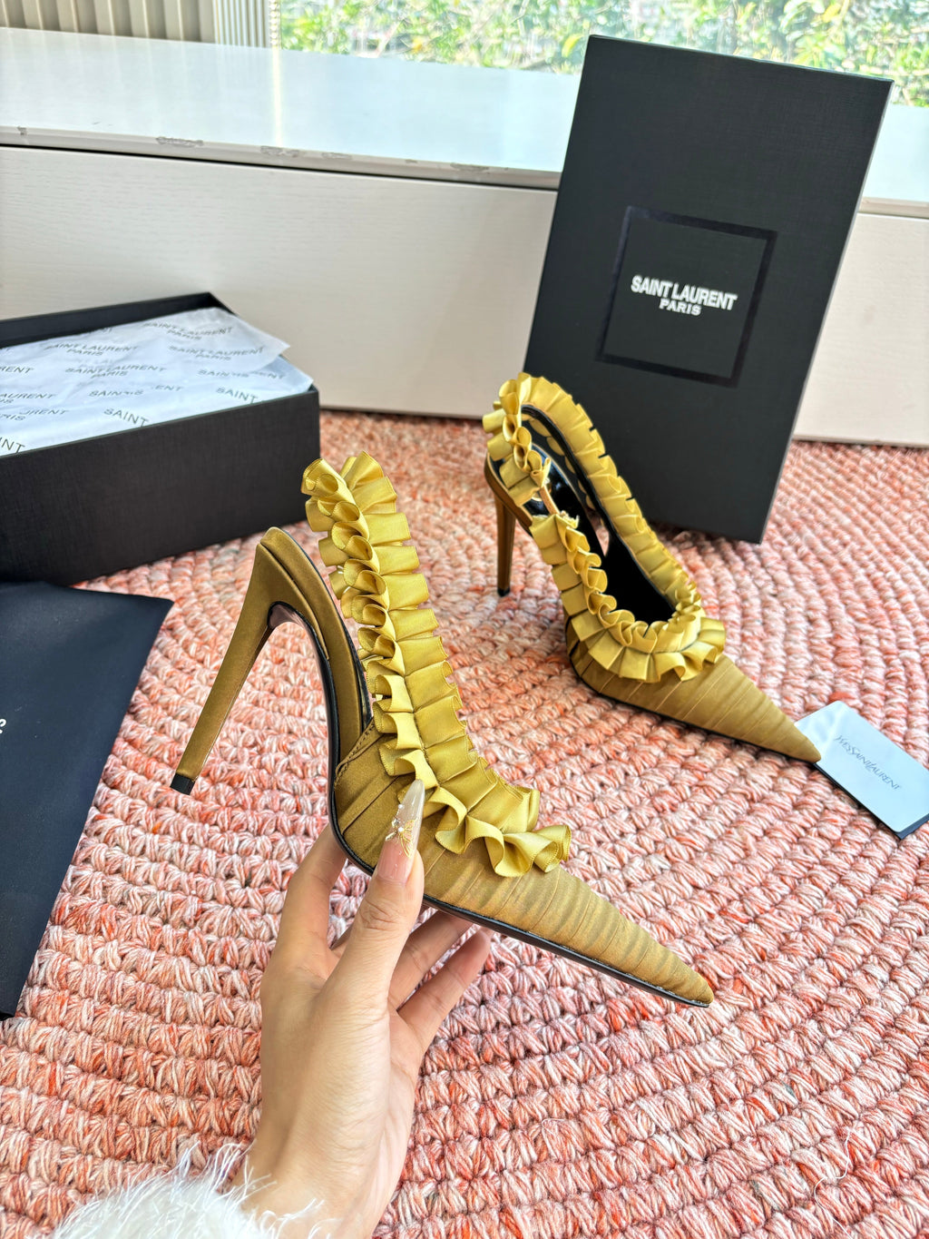 YSL 26ss Slingback Shiny Gold  Silk Leather 648839
