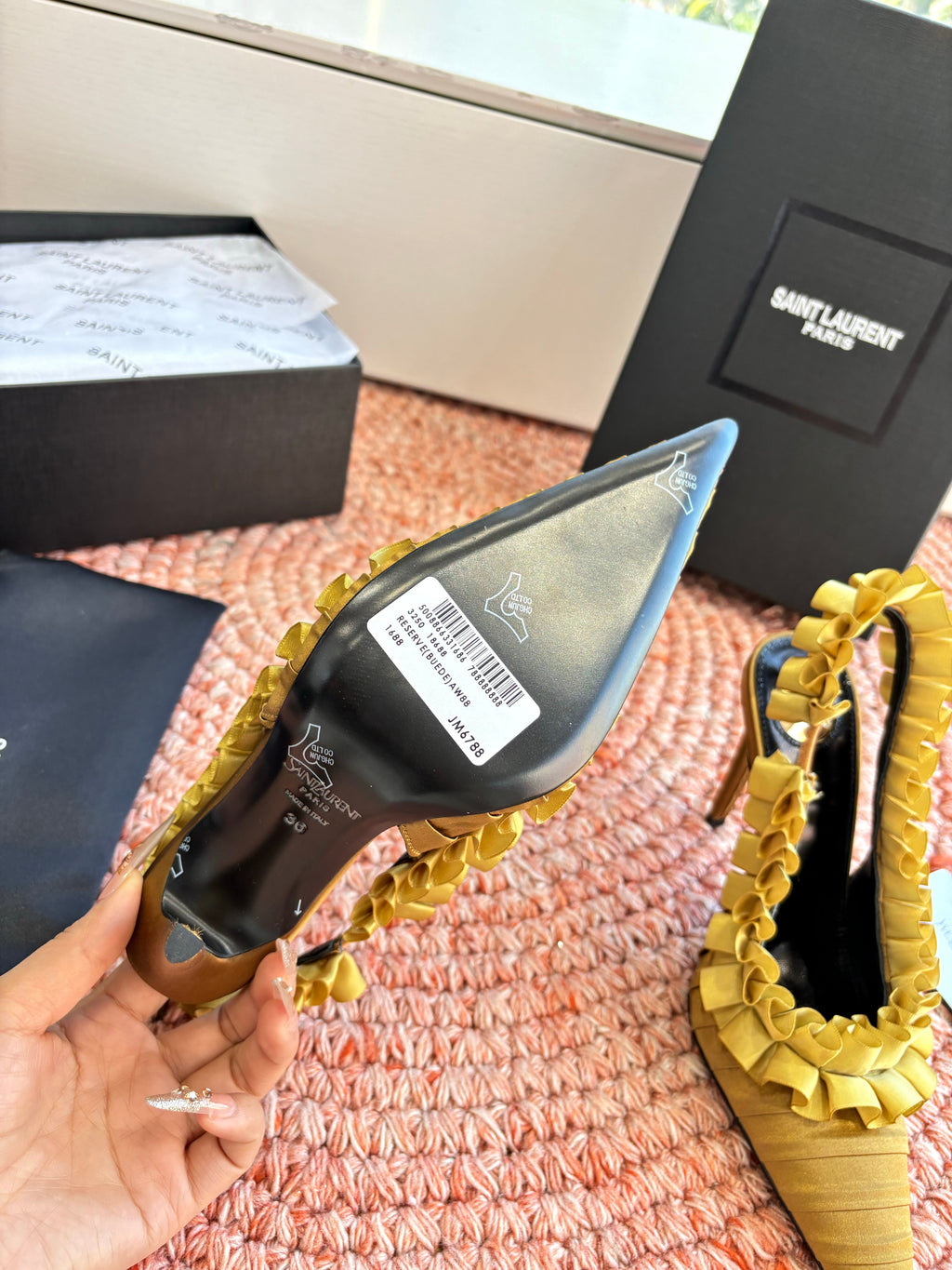 YSL 26ss Slingback Shiny Gold  Silk Leather 648839