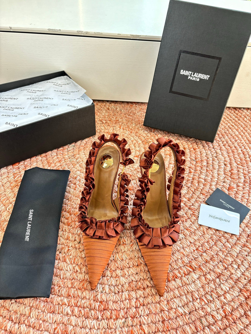 YSL 26ss Slingback Camel Brown Silk Leather  648841