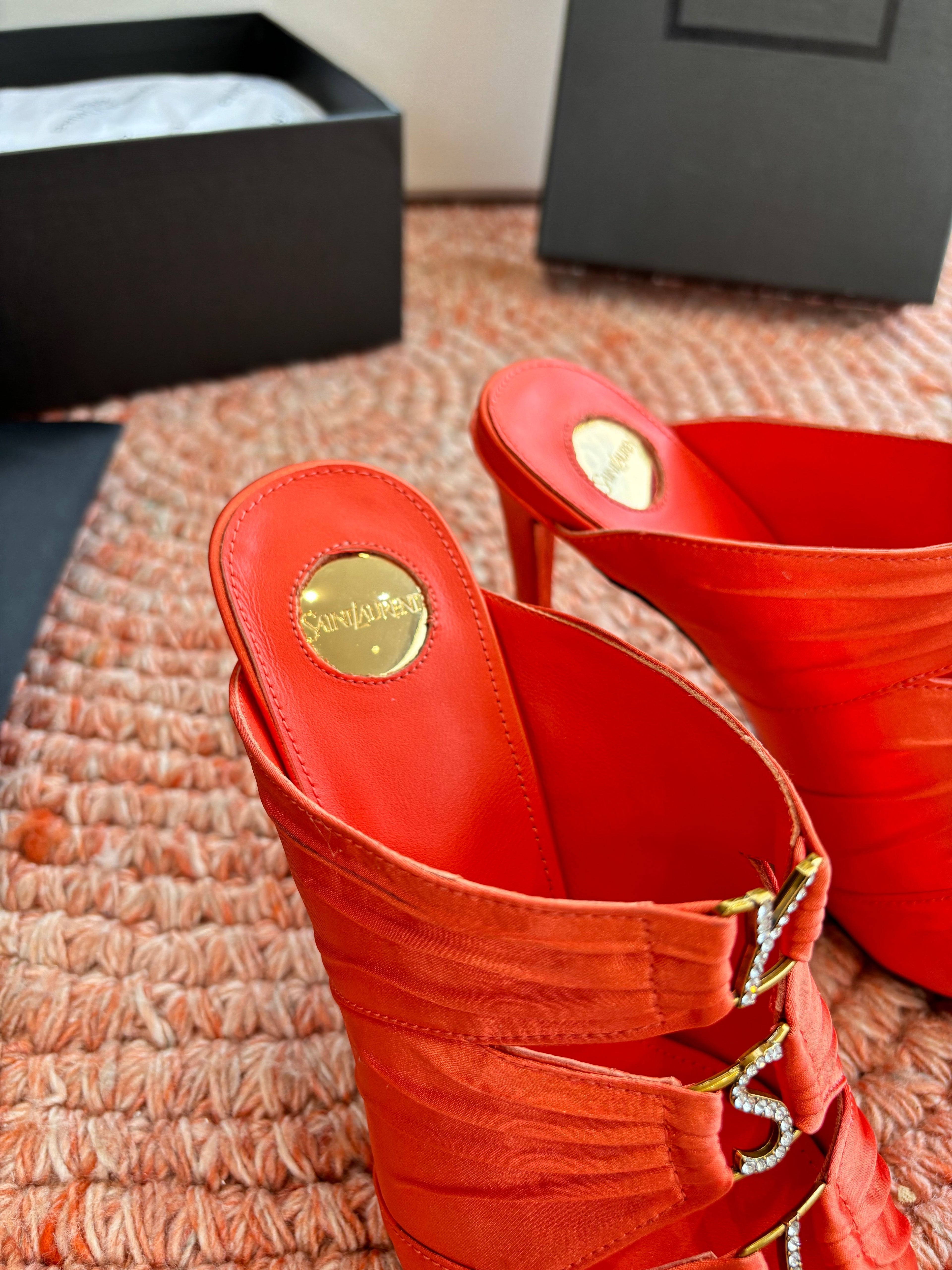 YSL 26ss Pointed High Heels Sandals 110 Orange Silk Leather 648789