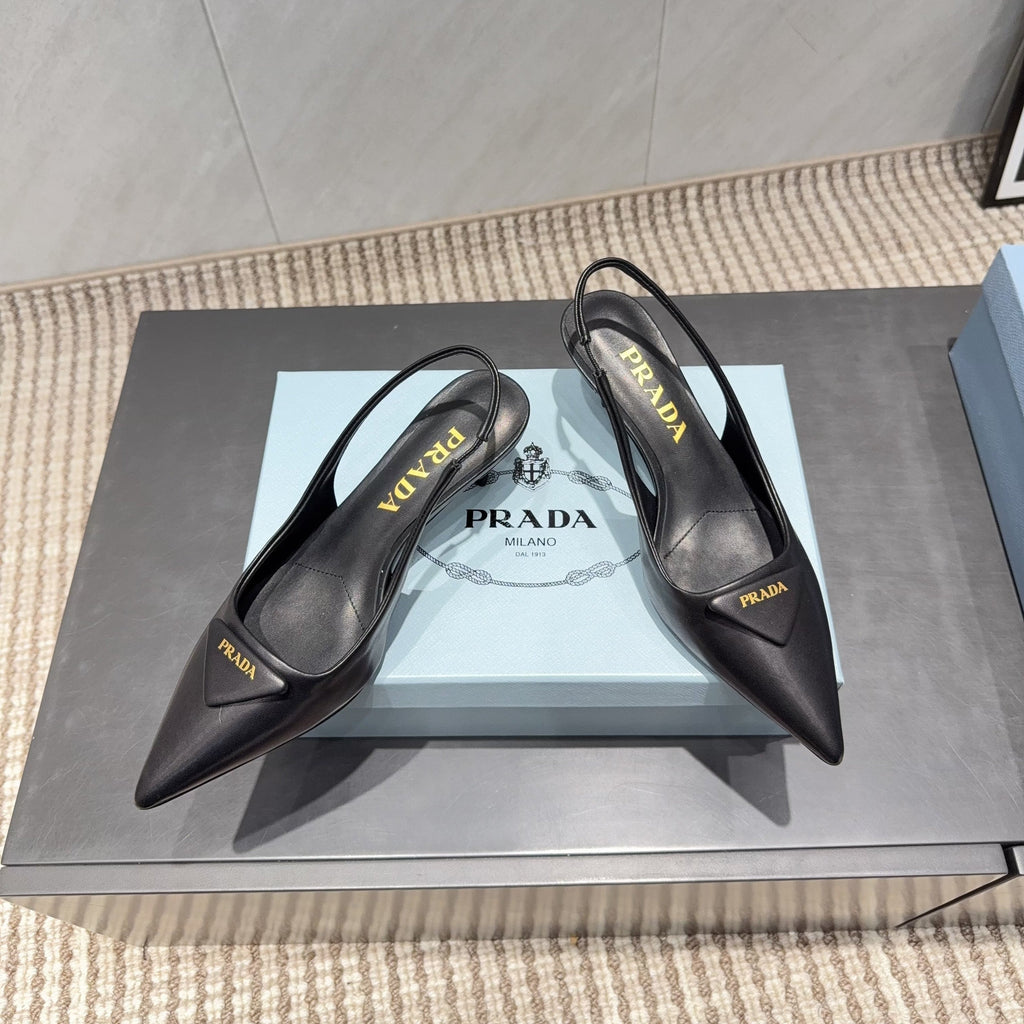 PRADA 26S POINTED TOE SLINGBACK HIGH HEELS 55MM IN BLACK SHEEPSKIN WITH LOGO
