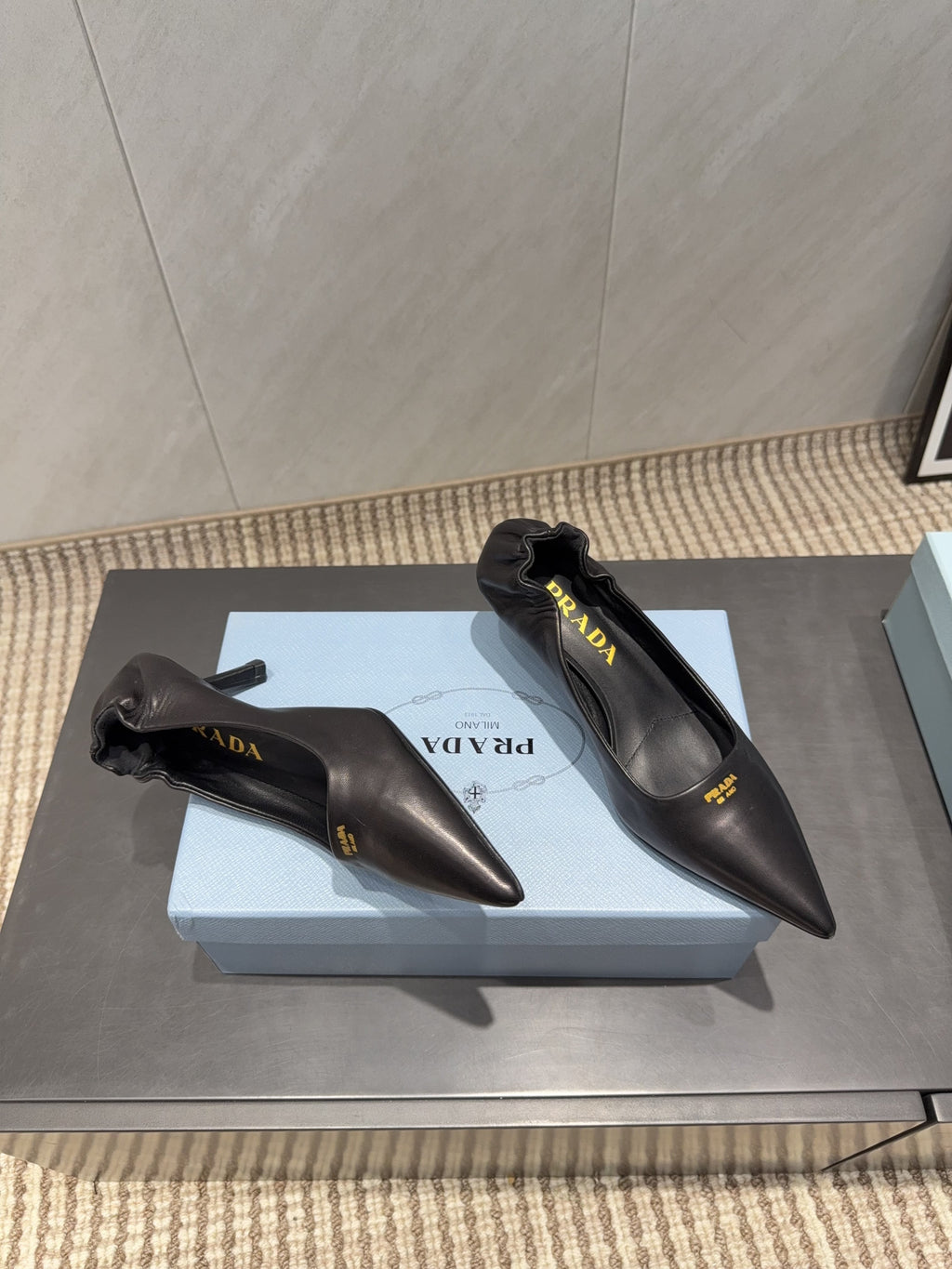 PRADA 26S POINTED TOE PUMPS 55MM IN BLACK SHEEPSKIN