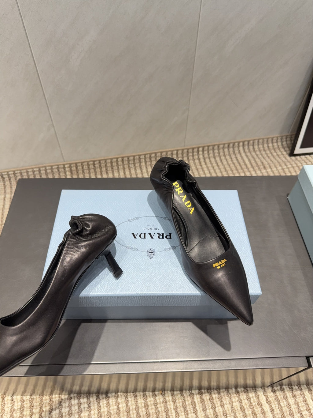 PRADA 26S POINTED TOE PUMPS 55MM IN BLACK SHEEPSKIN WITH LOGO