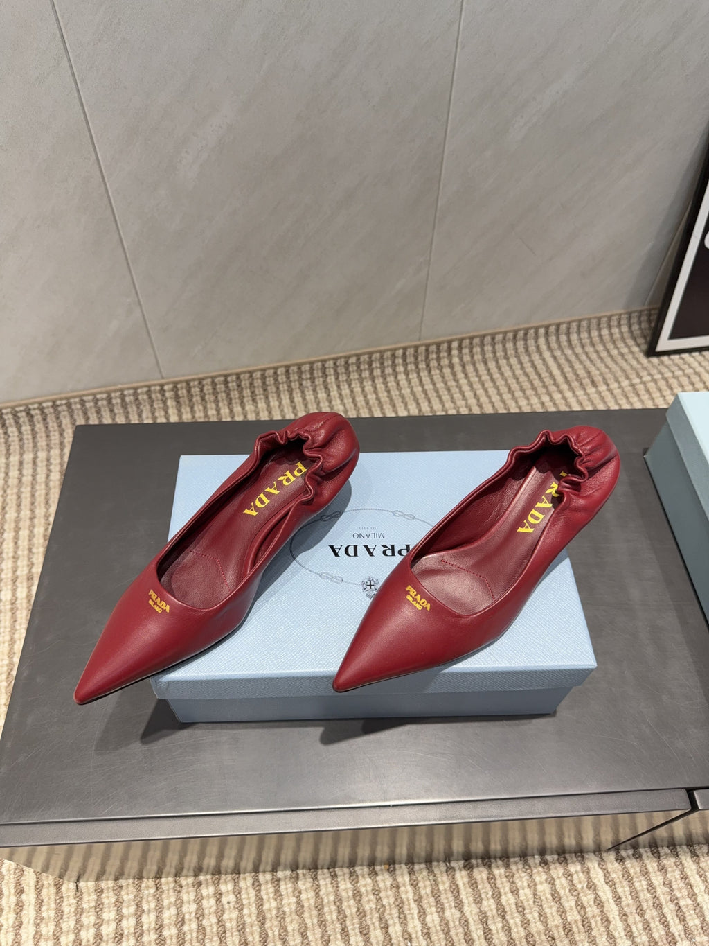 PRADA 26S POINTED TOE PUMPS 55MM IN DEEP WINE RED SHEEPSKIN WITH LOGO