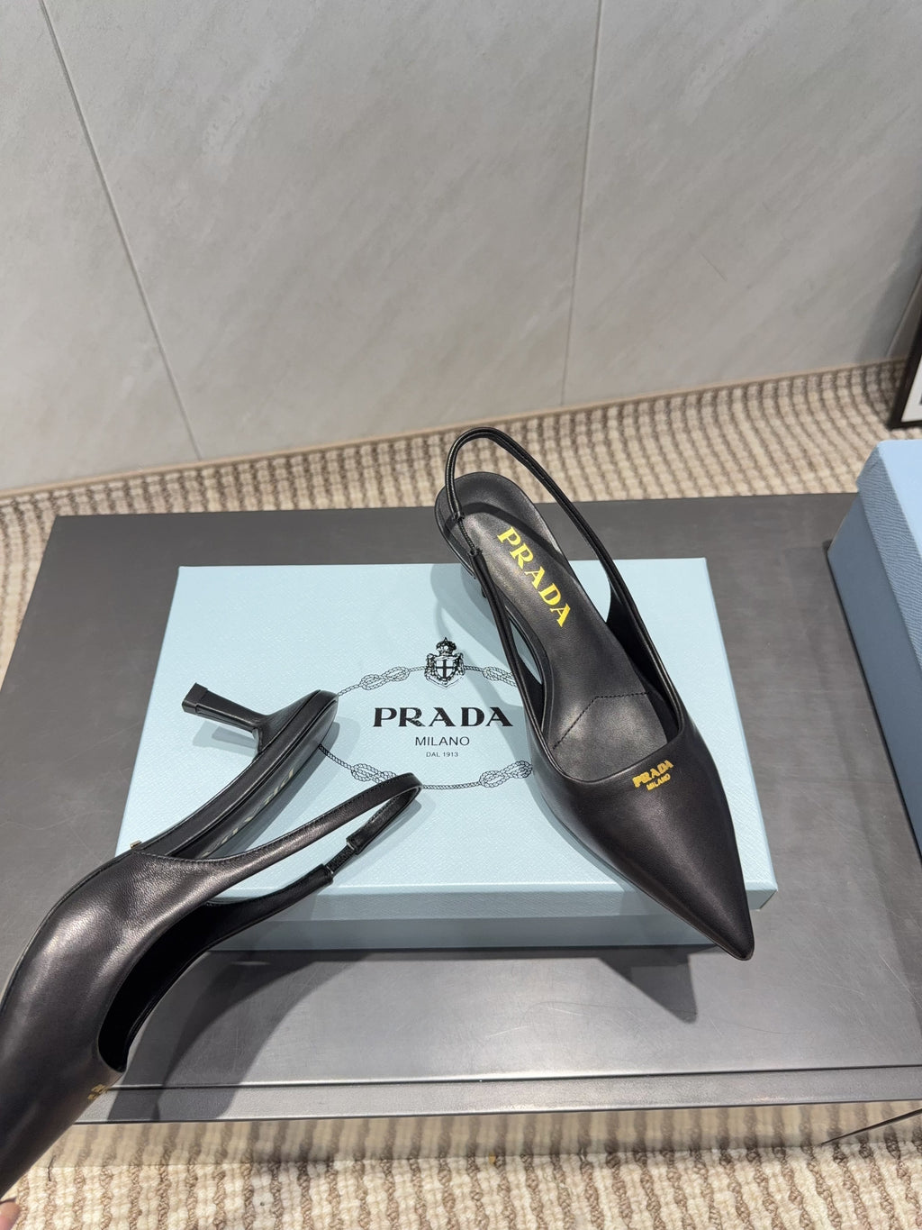 PRADA 26S POINTED TOE SLINGBACK HIGH HEELS 55MM IN BLACK SHEEPSKIN