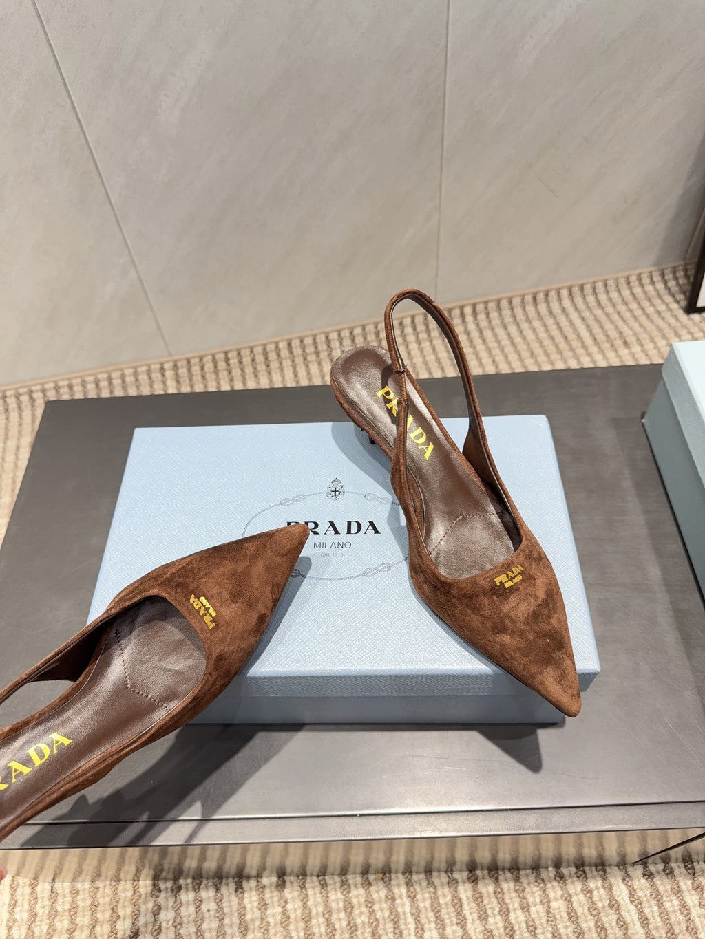 PRADA 26S POINTED TOE SLINGBACK HIGH HEELS 55MM IN BROWN SUEDE