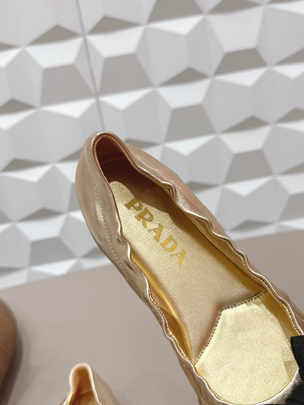 PRADA 26S ROUND TOE FLATS WITH BOW IN GOLD CALFSKIN