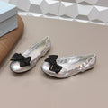 PRADA 26S ROUND TOE FLATS WITH BOW IN SILVER CALFSKIN