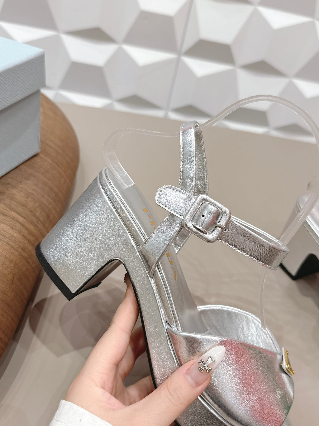 PRADA 26S HEELED SANDALS 75MM IN SILVER CALFSKIN WITH LOGO