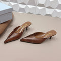 PRADA 26S POINTED TOE LACE TRIM MULES 55MM IN CARAMEL BROWN CALFSKIN