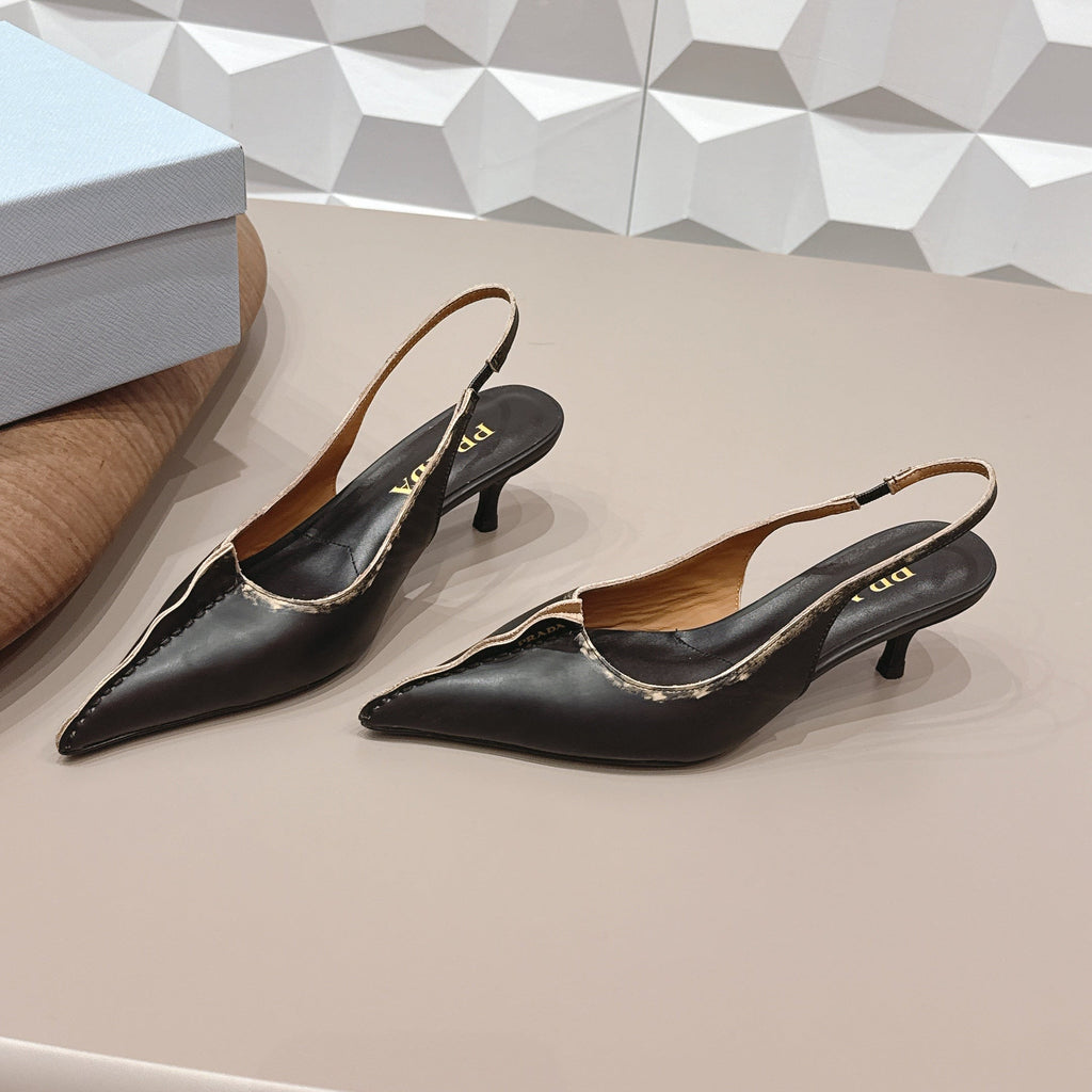 PRADA 26S POINTED TOE SLINGBACK HIGH HEELS 55MM IN BLACK CALFSKIN