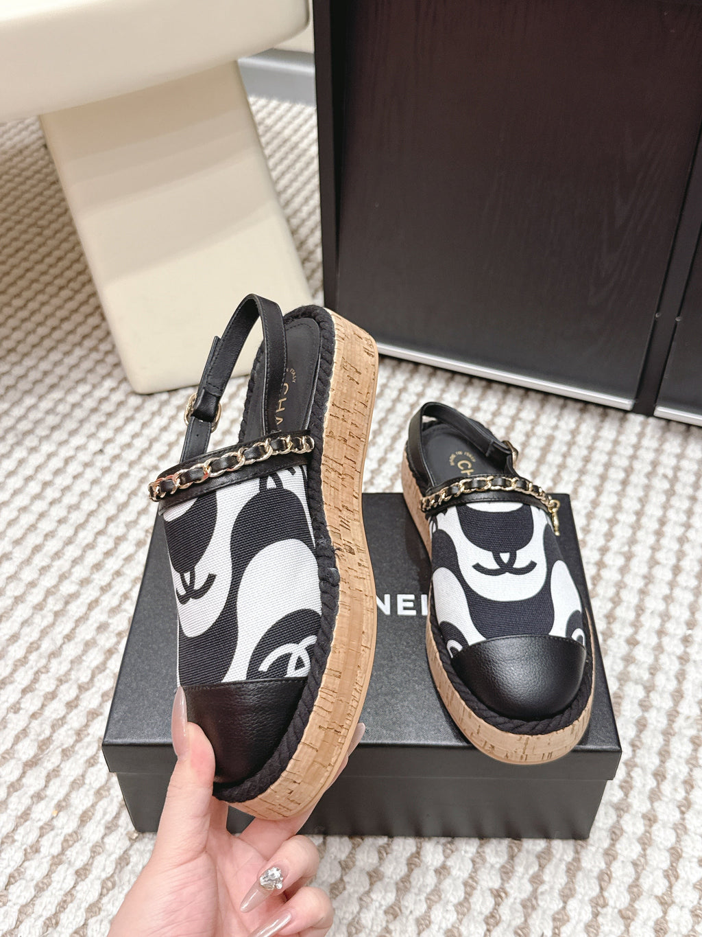 CC 26s Rope-Soled Sandals Black White Canvas Leather 652562