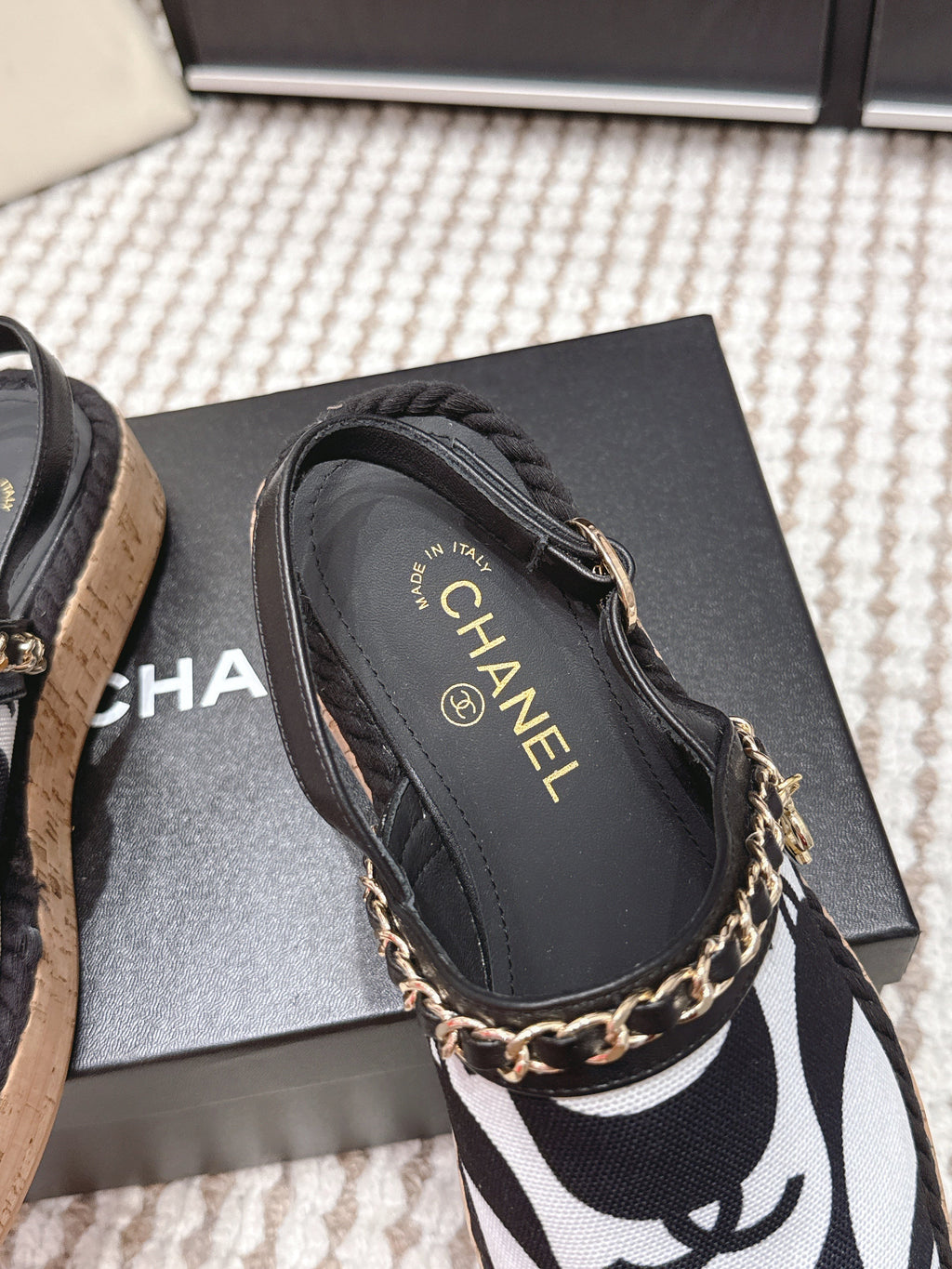 CC 26s Rope-Soled Sandals Black White Canvas Leather 652562