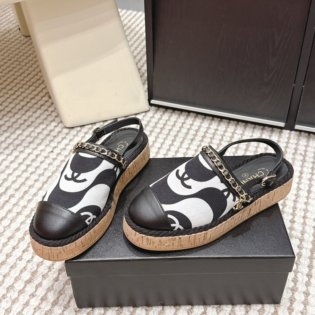 CC 26s Rope-Soled Sandals Black White Canvas Leather 652562