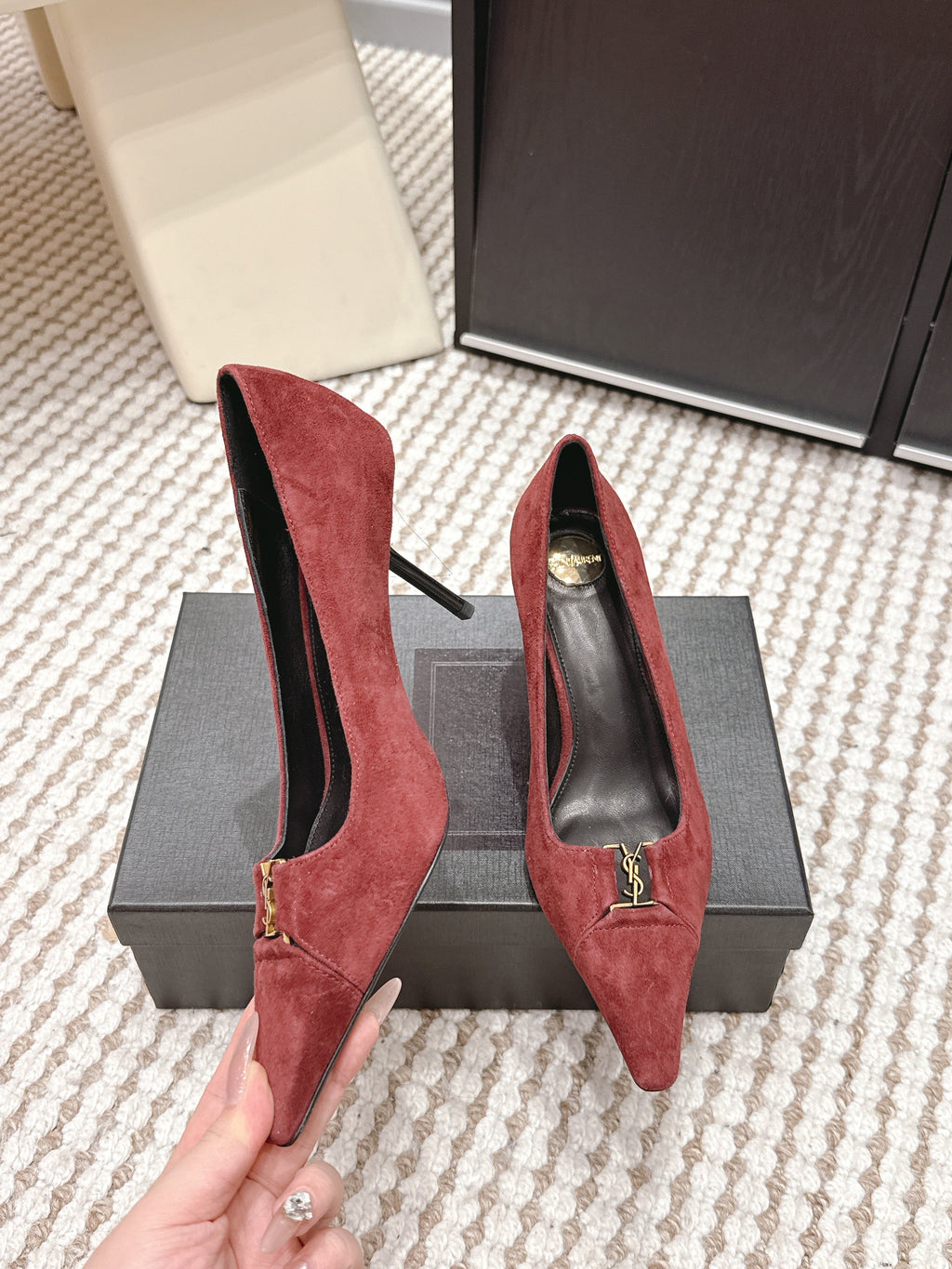 YSL 26ss High Heel Pumps 75 Burgundy Suede 654699