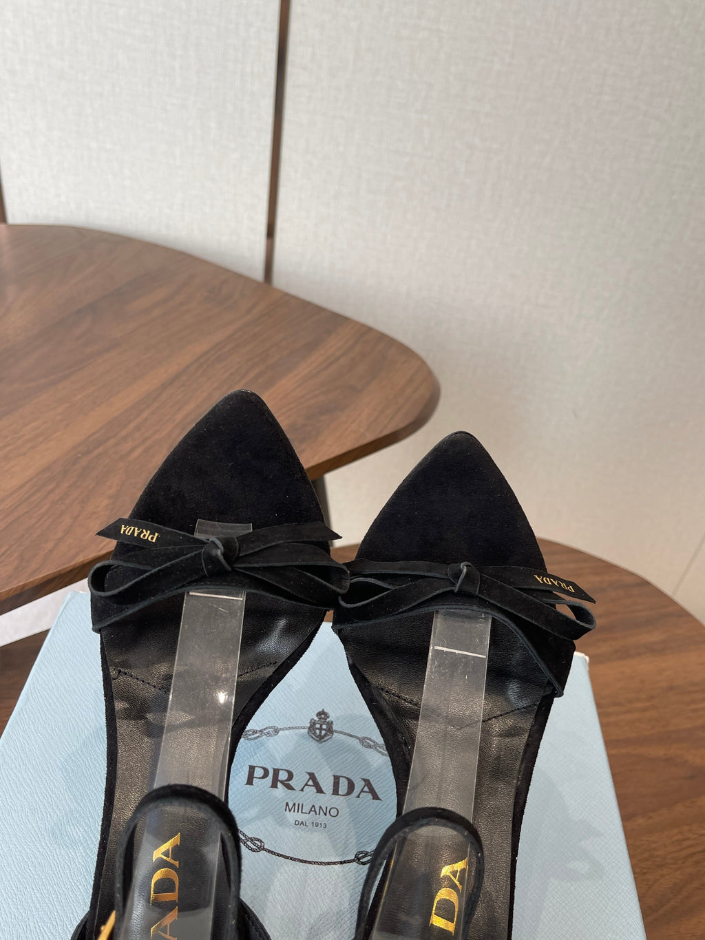 PRADA 26S HIGH HEEL SANDALS 85MM IN BLACK SUEDE WITH BOW