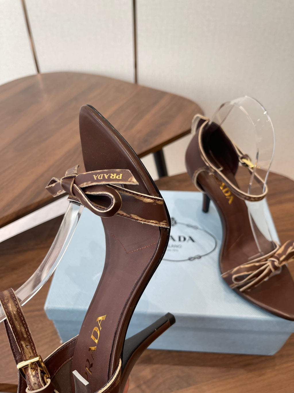 PRADA 26S HIGH HEEL SANDALS 85MM IN CHOCOLATE BROWN CALFSKIN WITH BOW
