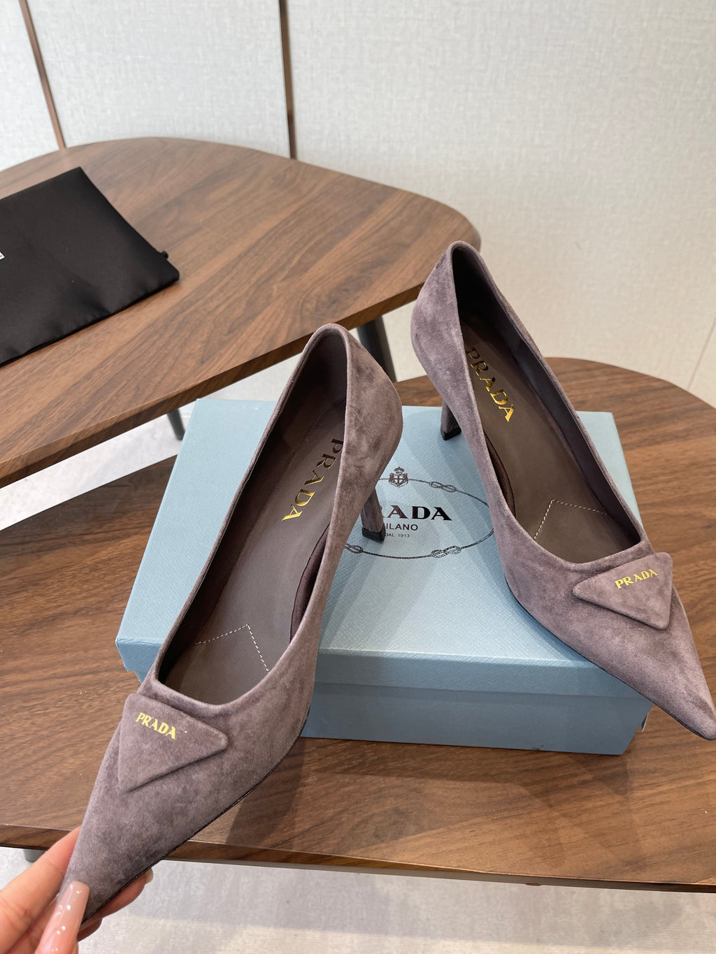 PRADA 26S SLINGBACK PUMPS 75MM IN TAUPE BROWN SUEDE WITH LOGO