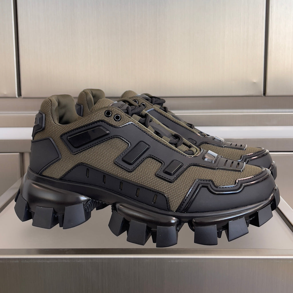 PRADA 26S CLOUDBUST THUNDER SNEAKERS 60MM IN OLIVE BROWN MESH FABRIC