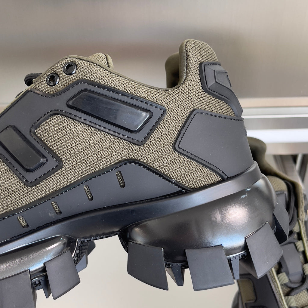 PRADA 26S CLOUDBUST THUNDER SNEAKERS 60MM IN OLIVE BROWN MESH FABRIC