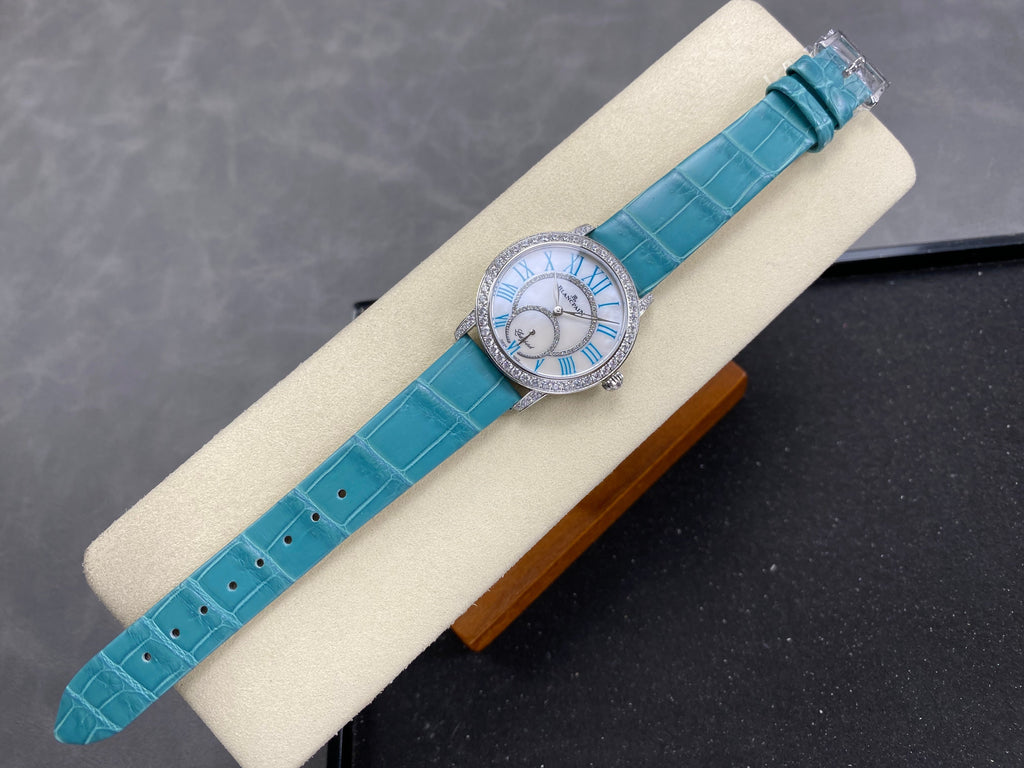 Blancpain's Ladybird 35mm White Blue Dial Diamond Bezel Crocodile Leather