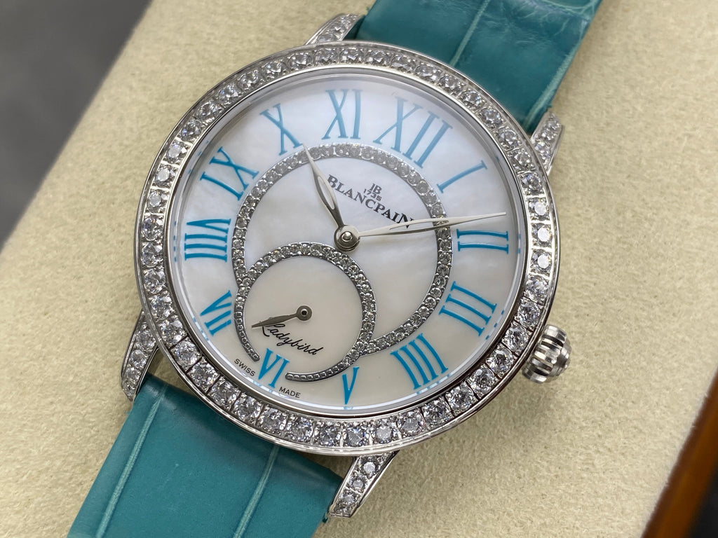 Blancpain's Ladybird 35mm White Blue Dial Diamond Bezel Crocodile Leather