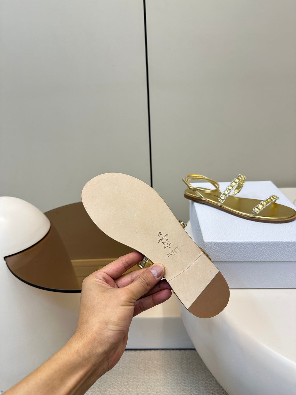 FLAT SANDALS 25S IN SHINY GOLD CALFSKIN RHINESTONES STRAP