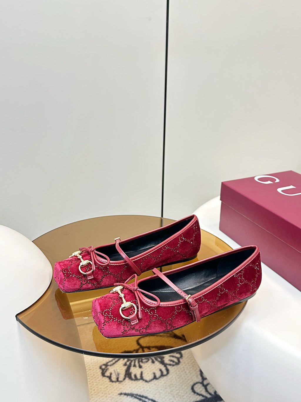GG 26SS Ballet Flats Rhinestone Burgundy Velvet Sheepskin 645701