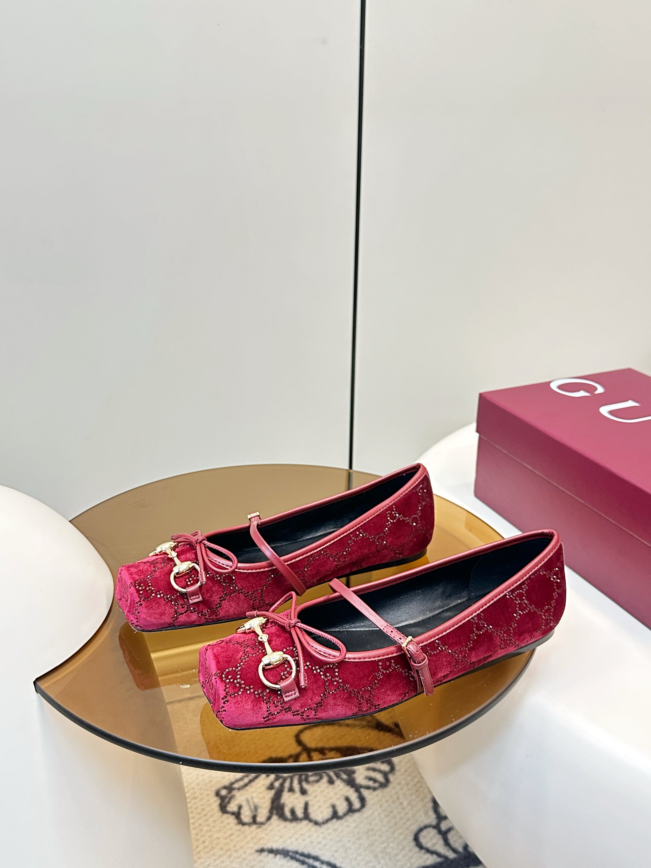 GG 26SS Ballet Flats Rhinestone Burgundy Velvet Sheepskin 645701