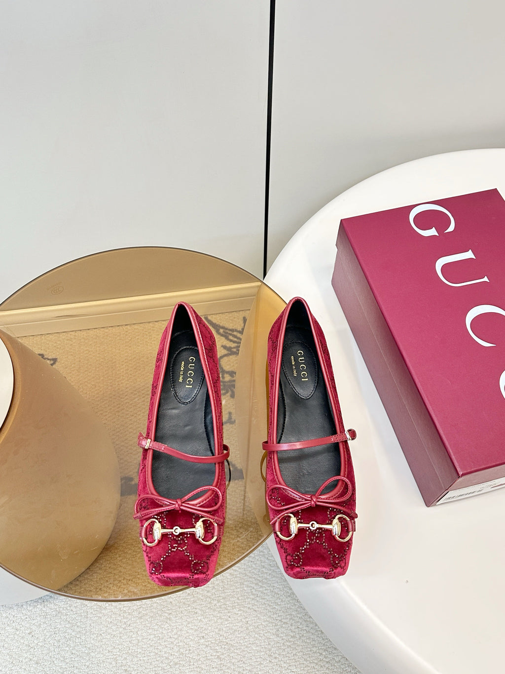 GG 26SS Ballet Flats Rhinestone Burgundy Velvet Sheepskin 645701