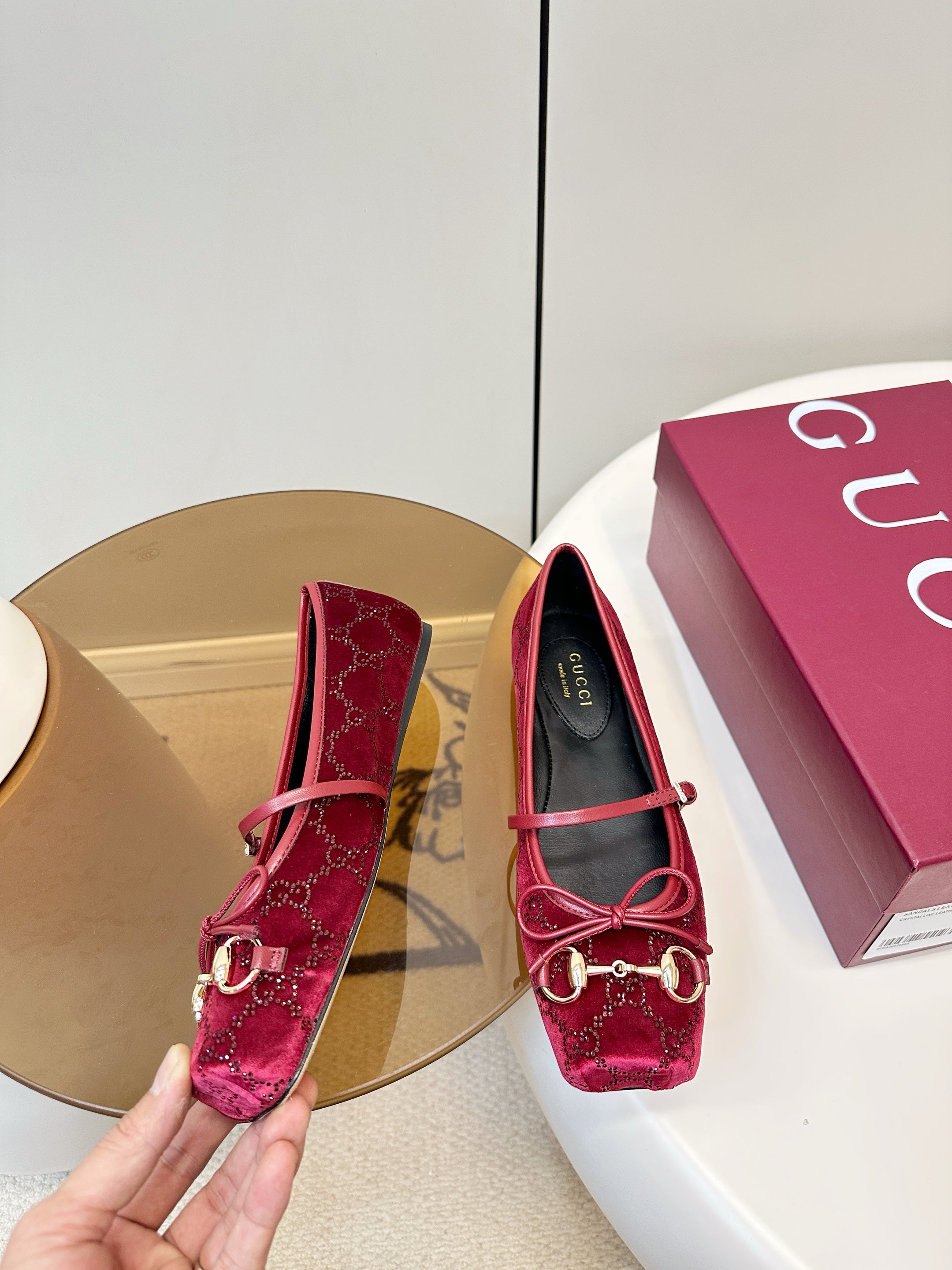 GG 26SS Ballet Flats Rhinestone Burgundy Velvet Sheepskin 645701