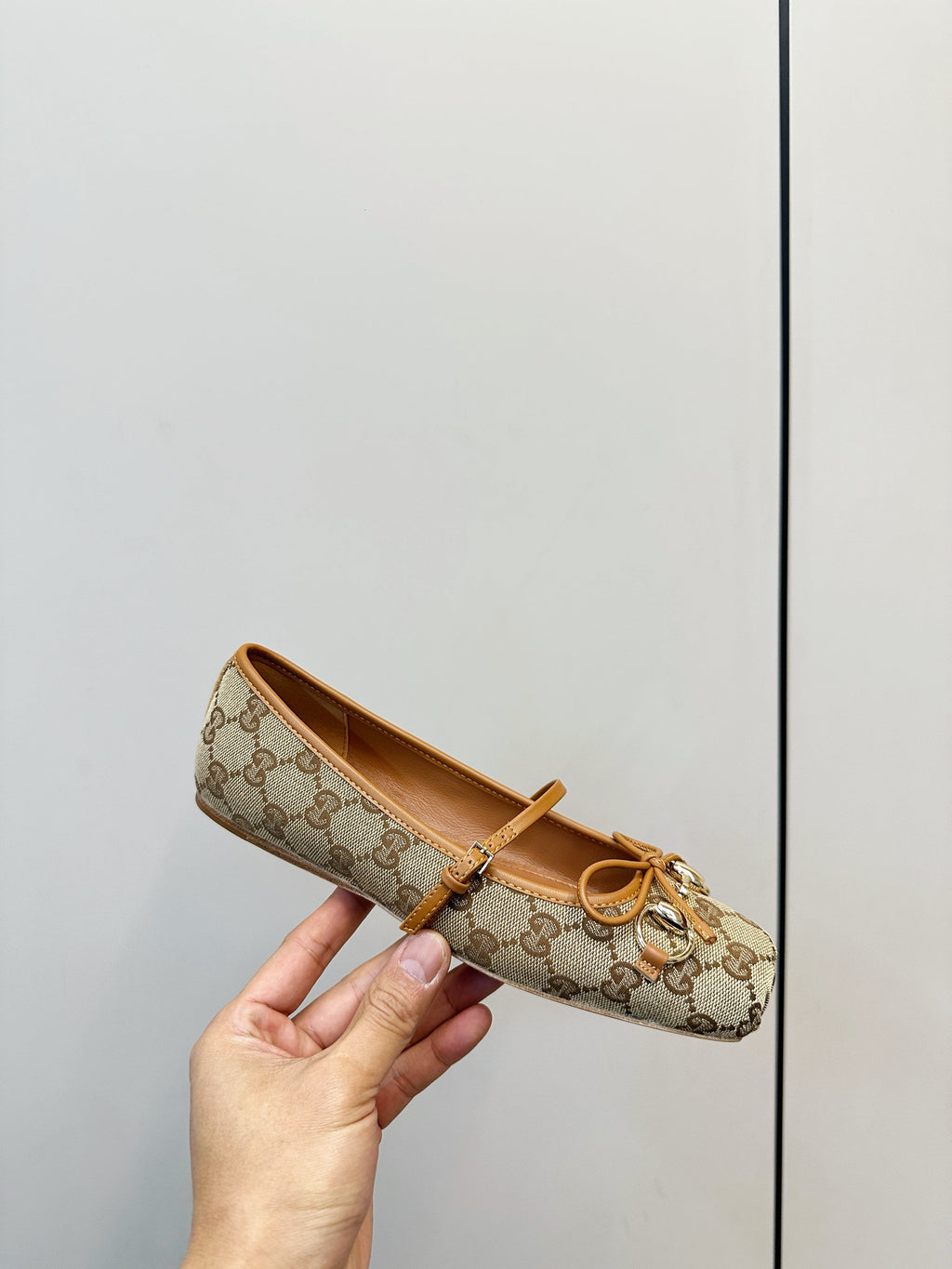 GG 26SS Ballet Flats Beige Brown Monogram Fabric Sheepskin 645710