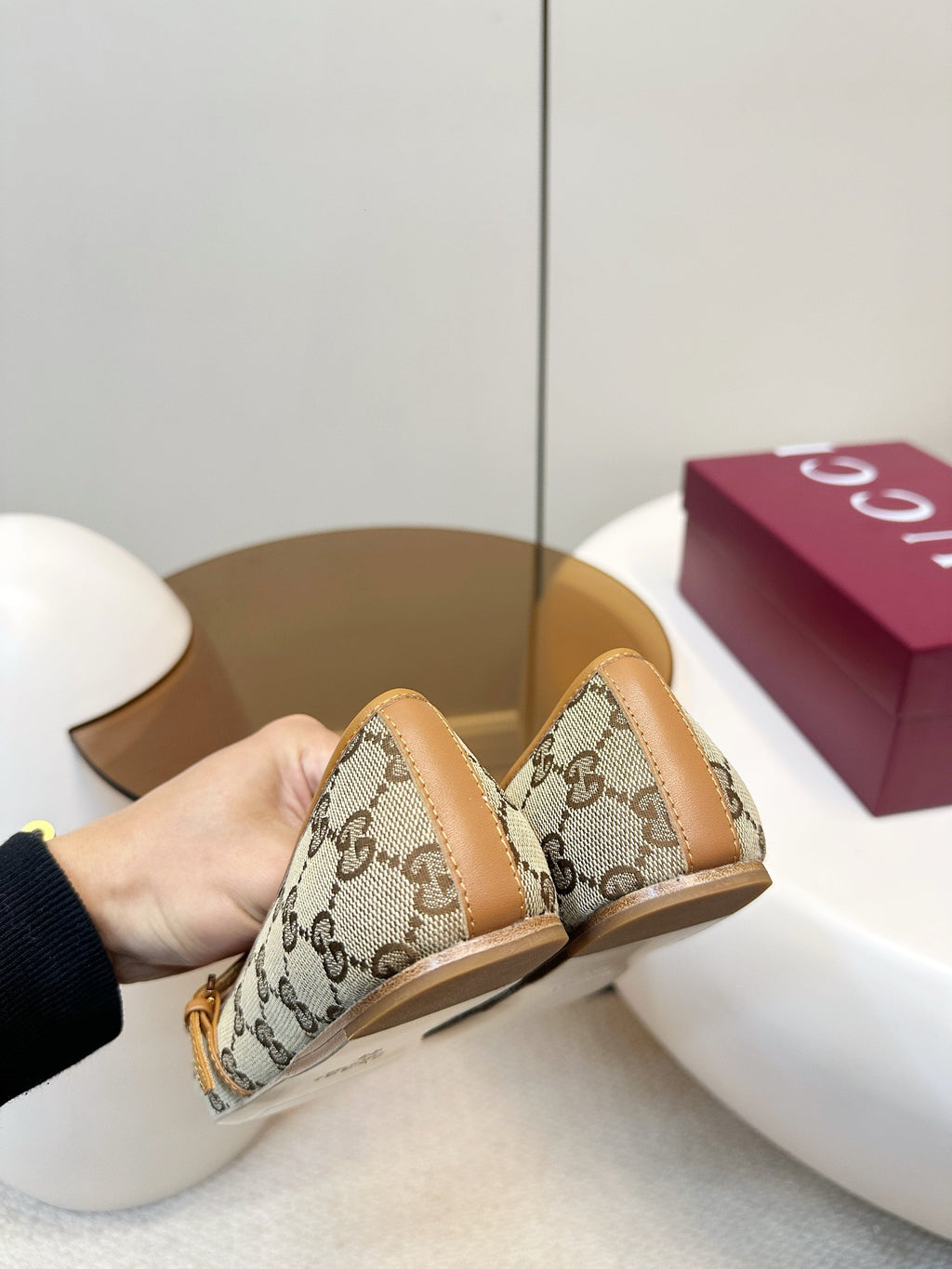 GG 26SS Ballet Flats Beige Brown Monogram Fabric Sheepskin 645710