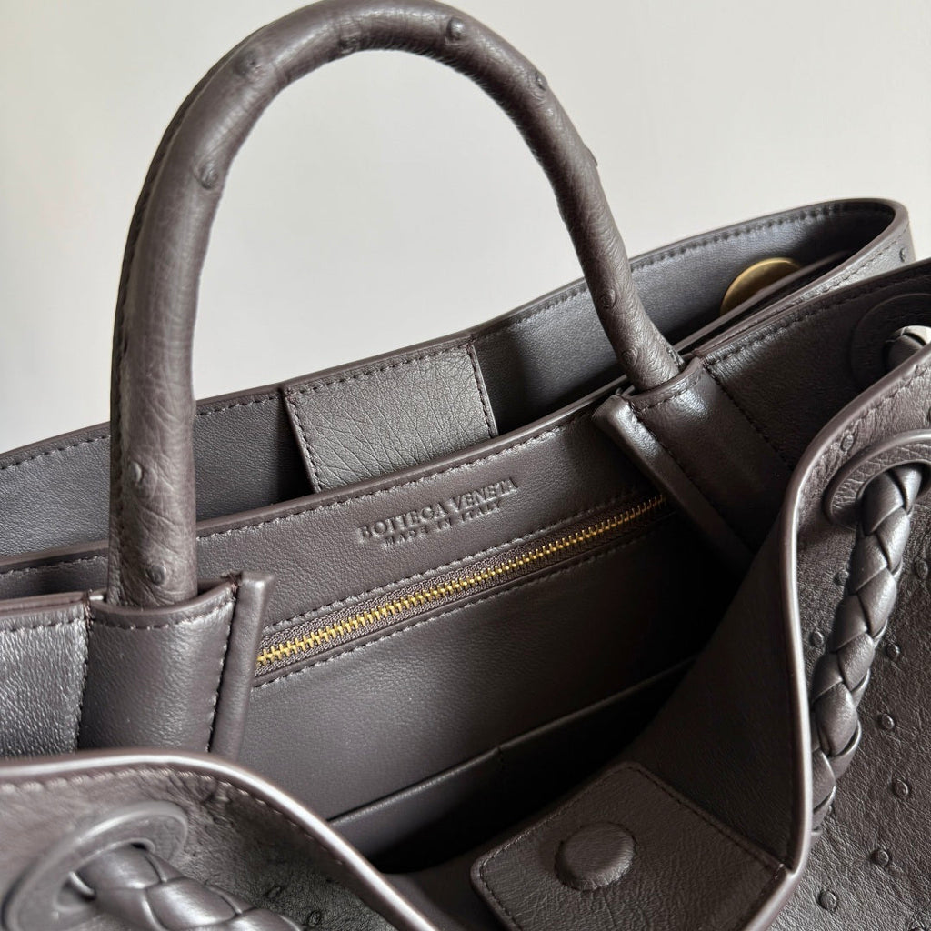 Bottega Veneta 2026 Andiamo Bag Dark Brown Ostrich Leather