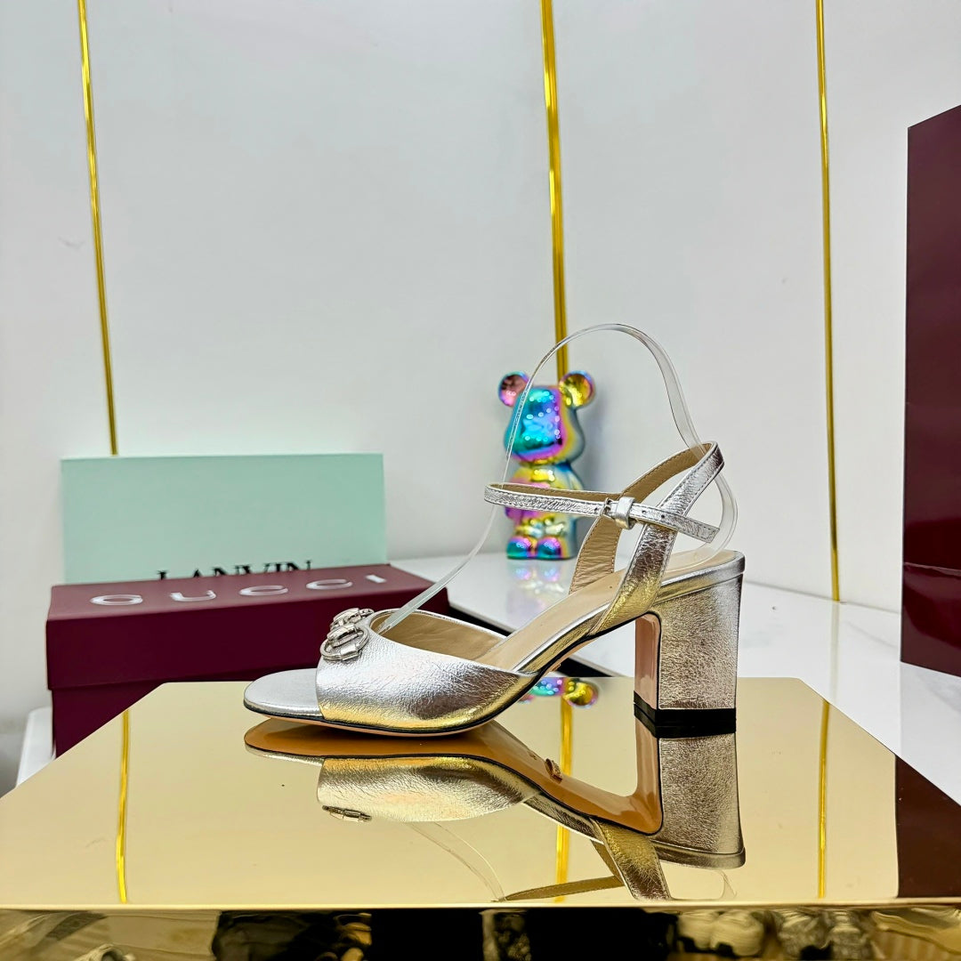 GG HEELED SANDALS 25S 65 MM IN SILVER LAMBSKIN WITH SILVER HARDWARE