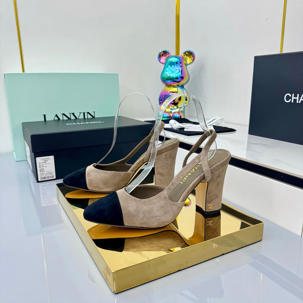 Chanel Slingback 90mm Neutral Beige Black Suede 469673