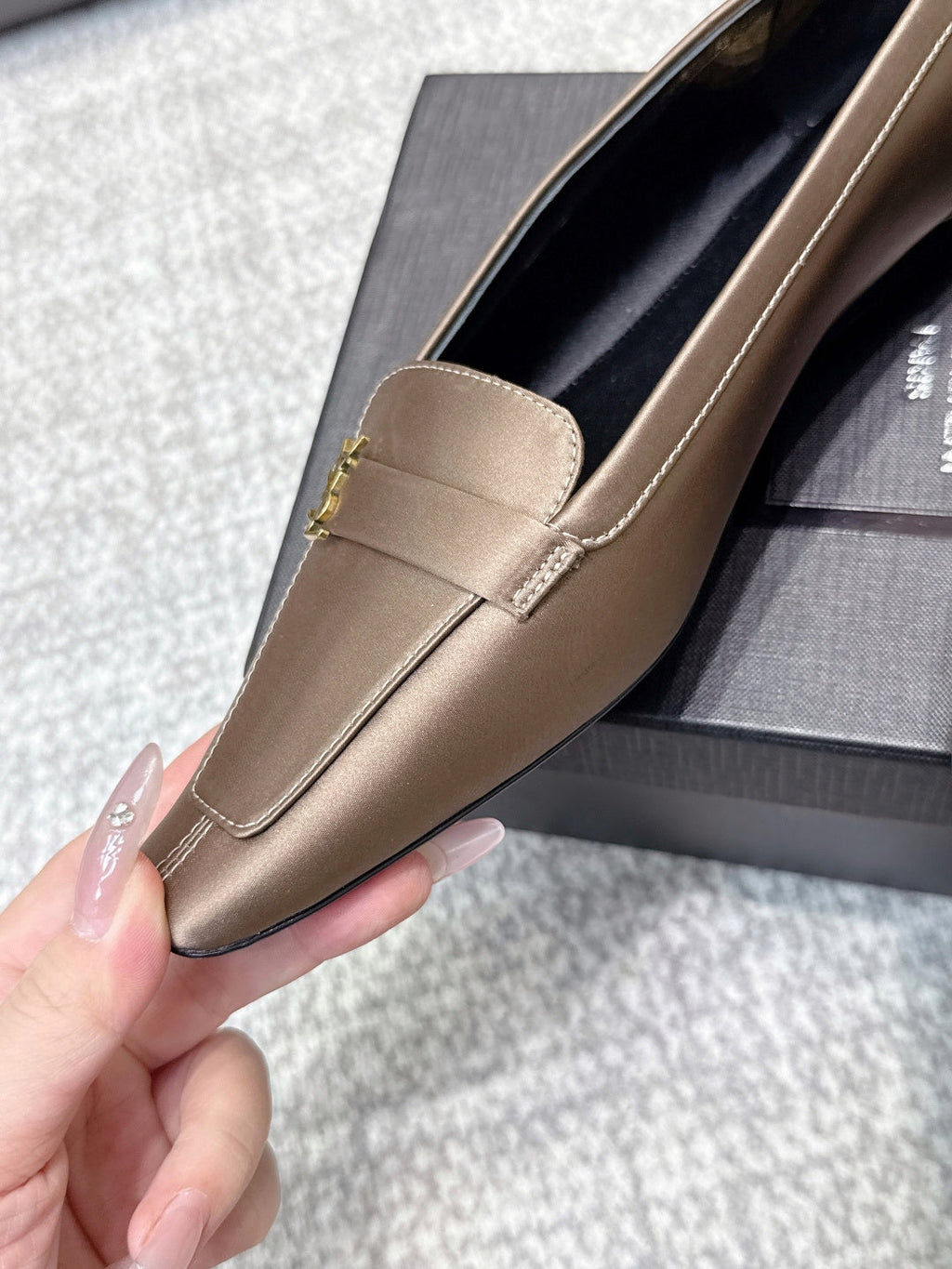 YSL 26ss Square Toe Loafers Taupe Satin Leather
