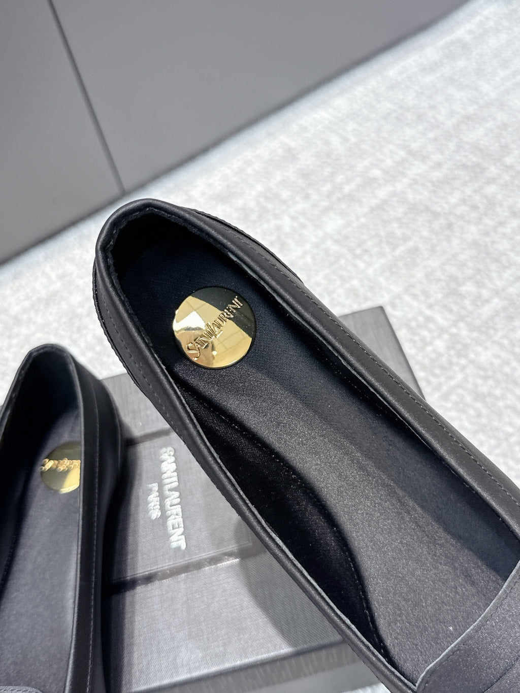 YSL 26ss Square Toe Loafers Taupe Satin Leather
