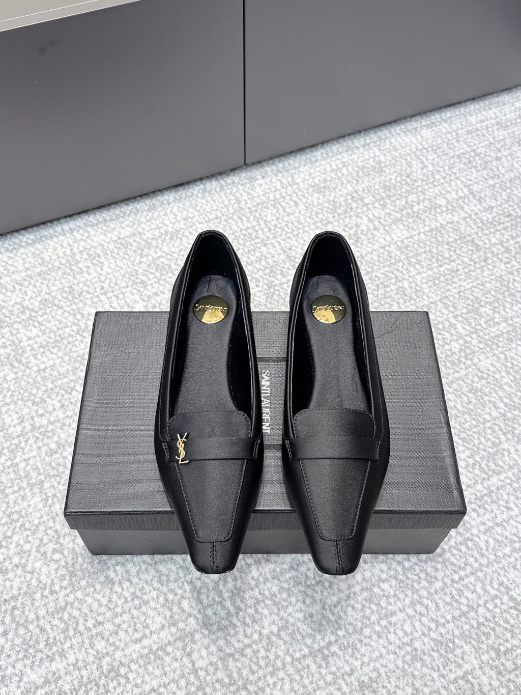 YSL 26ss Square Toe Loafers Taupe Satin Leather