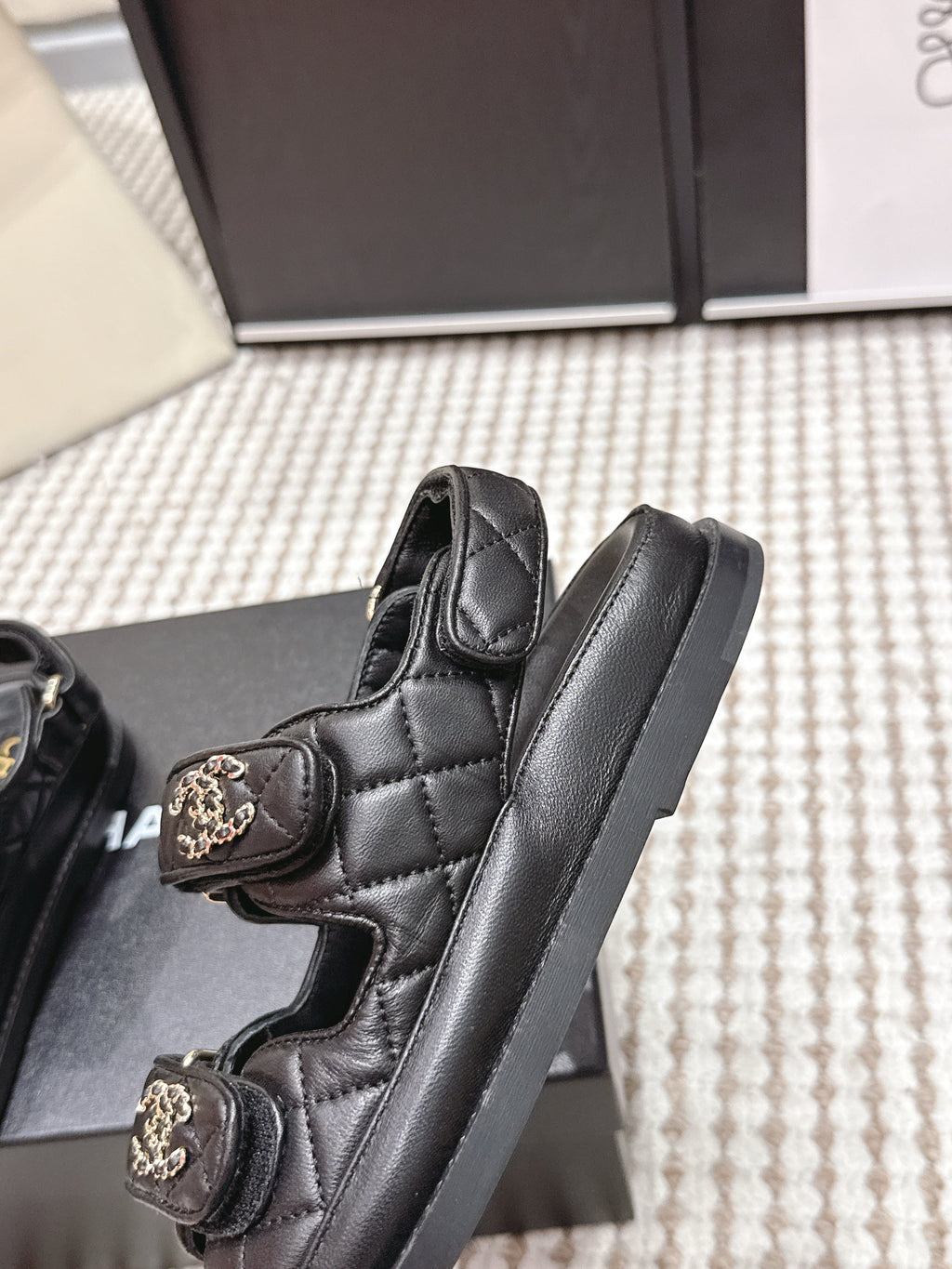 CHANEL 26S QUILTED DAD SANDALS IN BLACK CALFSKIN