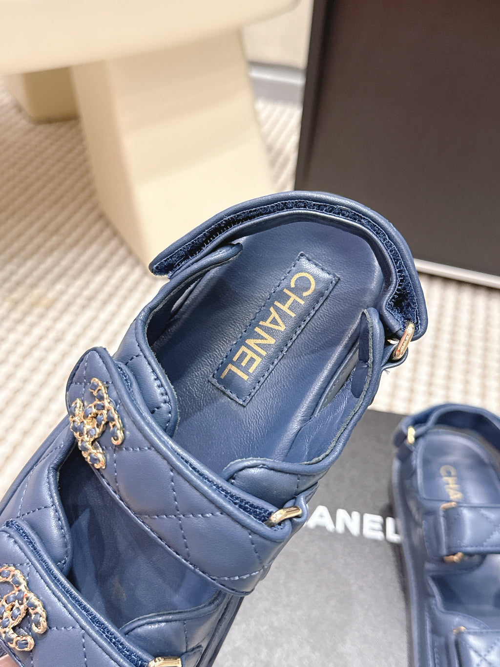 CHANEL 26S QUILTED DAD SANDALS IN SLATE BLUE CALFSKIN