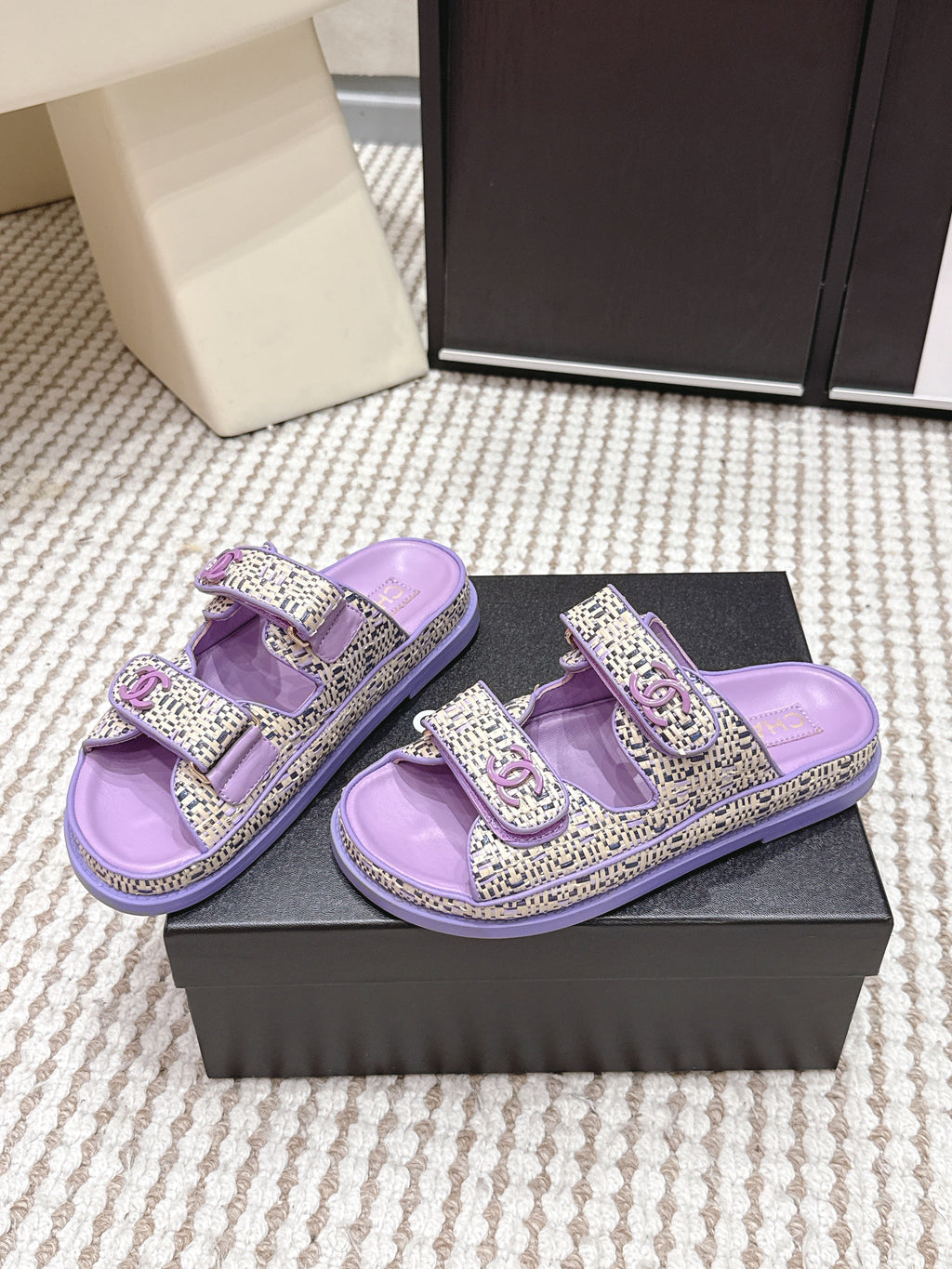 CC 26s Sandals Purple Beige Leather Raffia 632395