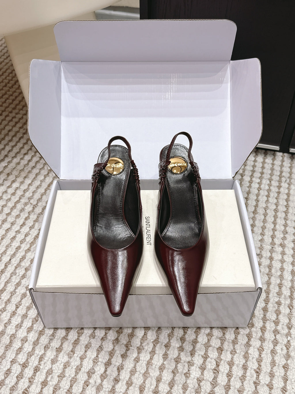 YSL 26ss Slingback 75 Burgundy Glossy Leather  654717