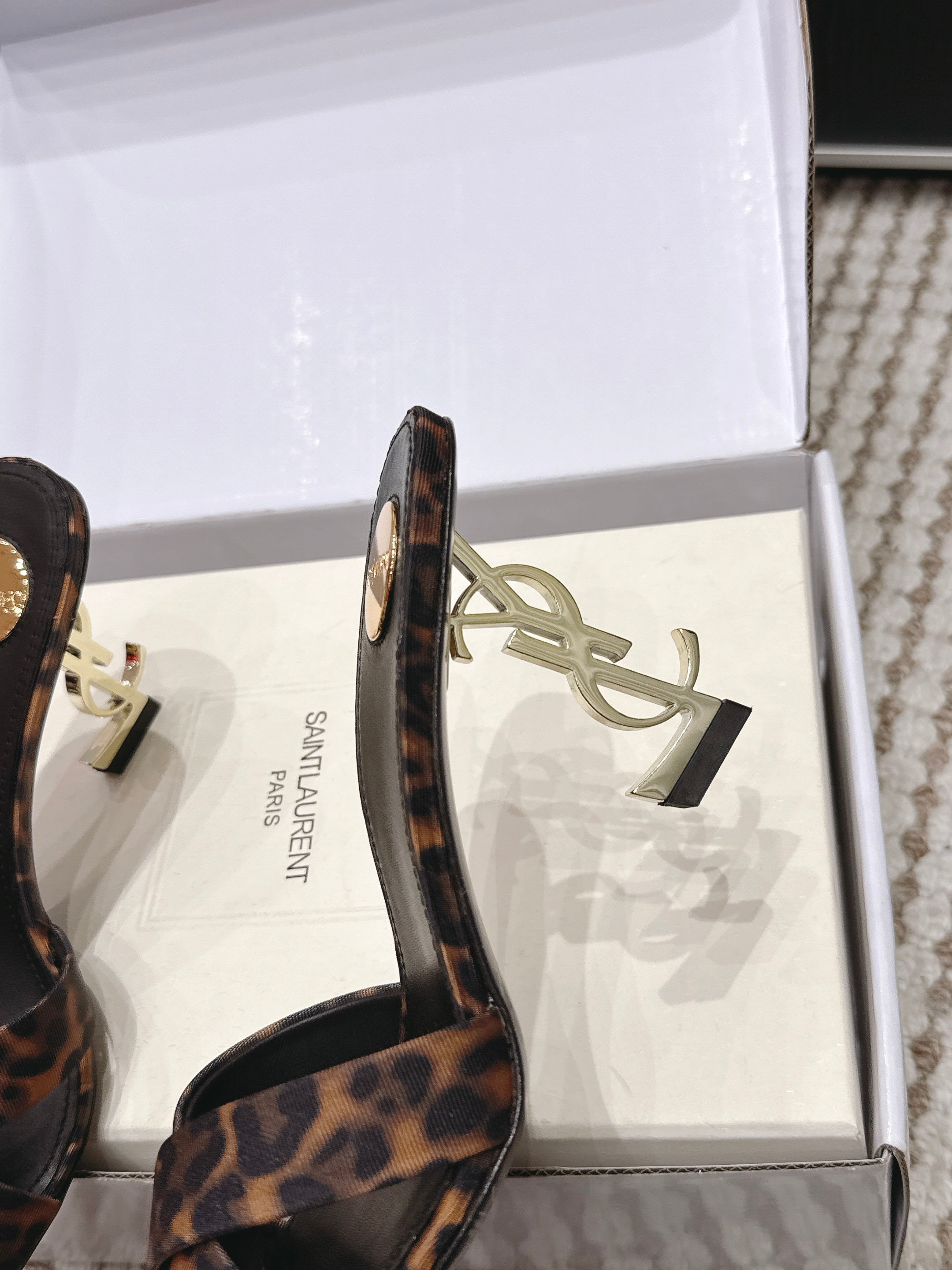 YSL 26ss High-Heeled Mules 85 Leopard Print Fabric Leather 660675