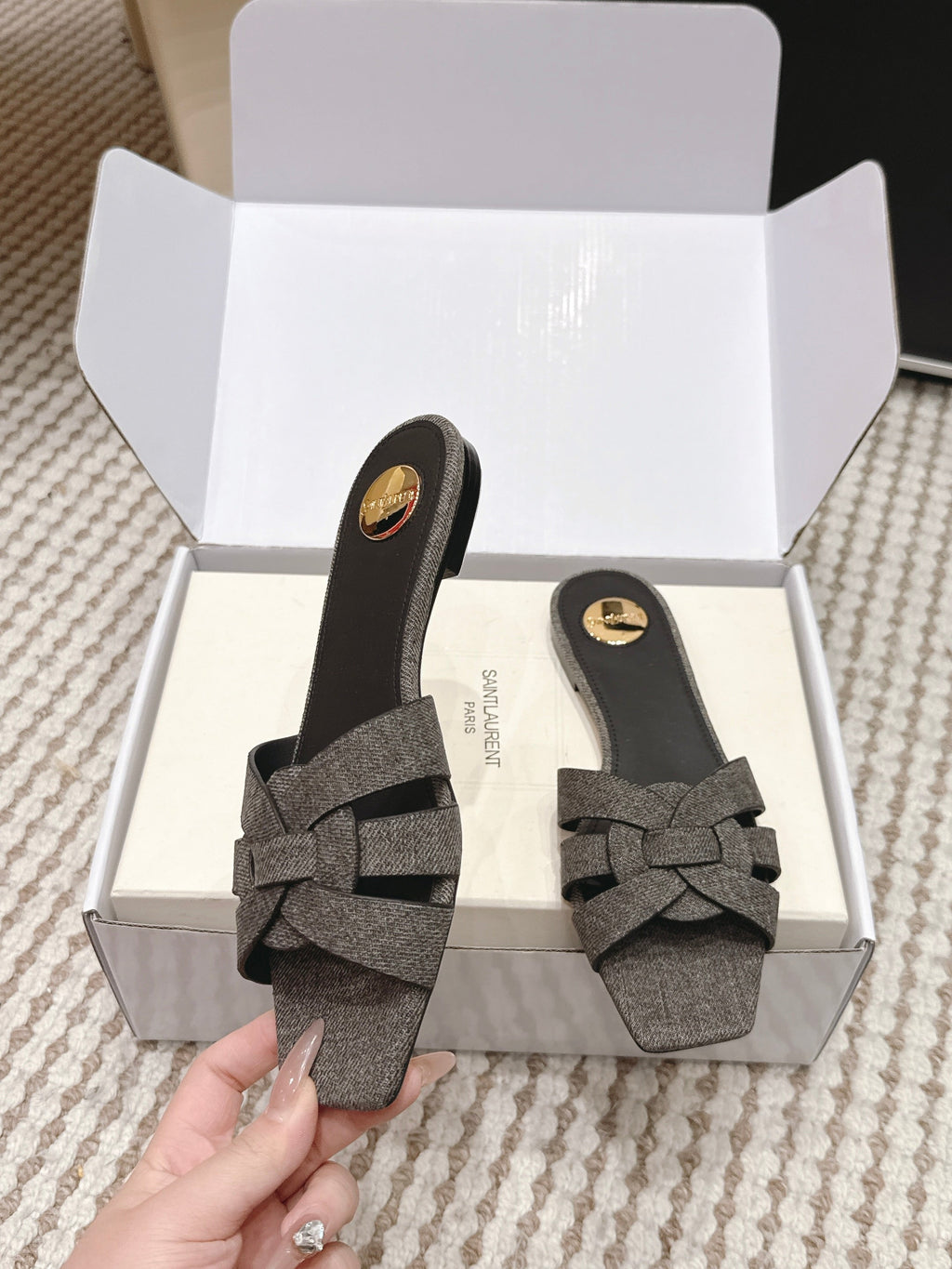 YSL 26ss  Flat Slippers Dark Gray Denim Leather 654728
