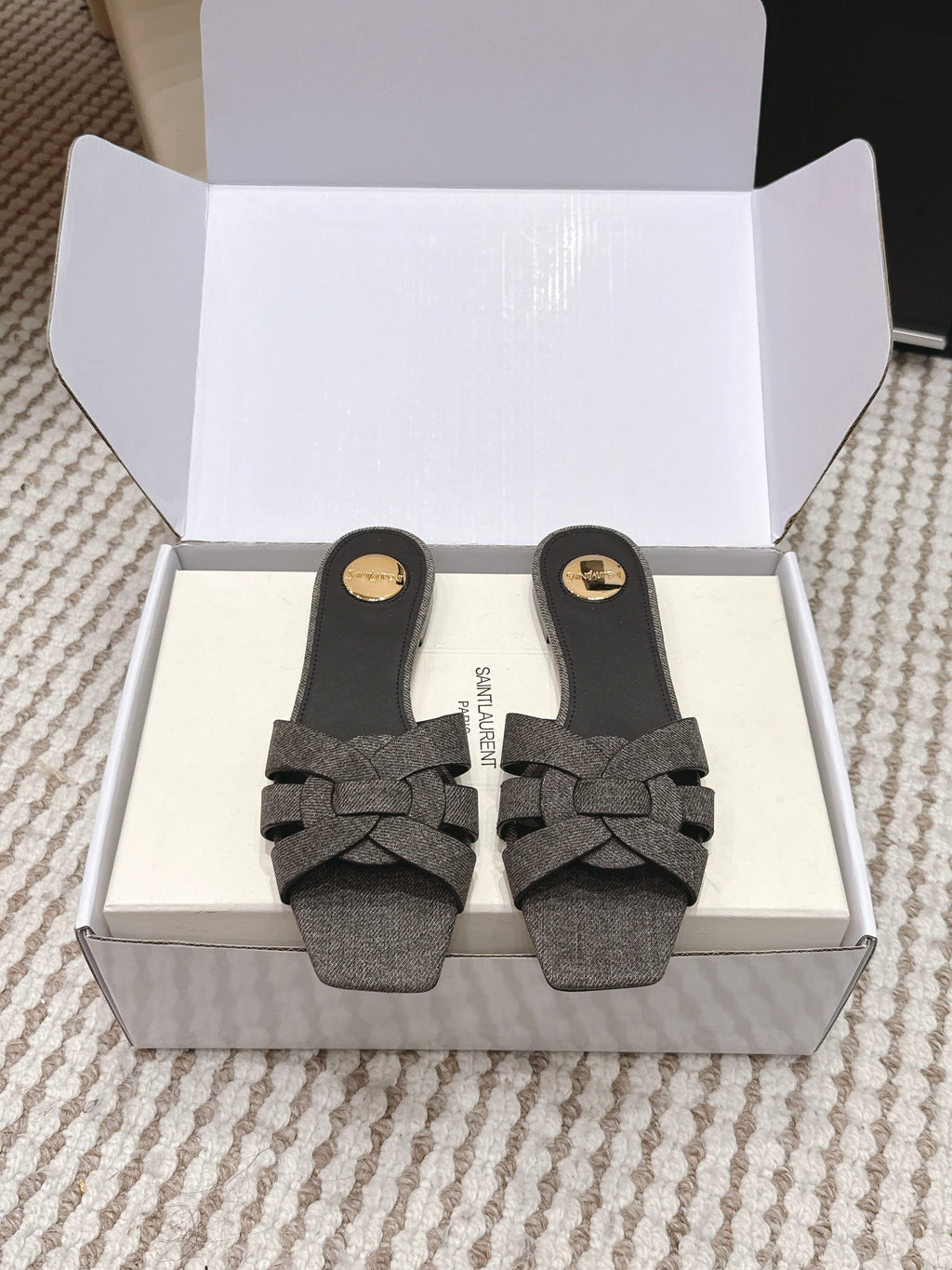 YSL 26ss  Flat Slippers Dark Gray Denim Leather 654728