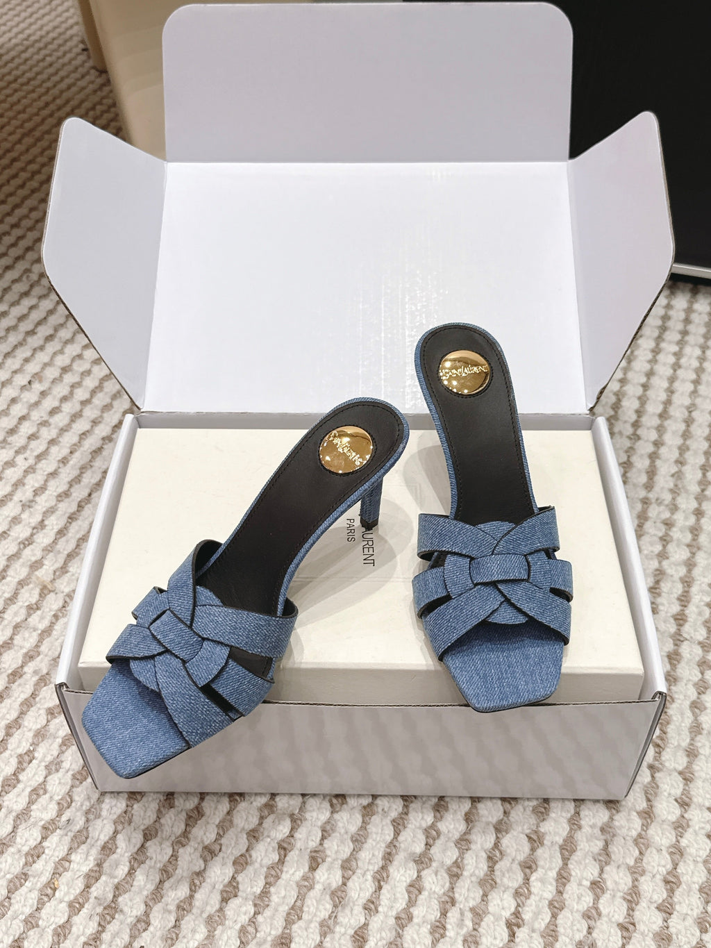 YSL 26ss High-Heeled Slippers 75 Blue Black Denim Calfskin 654747