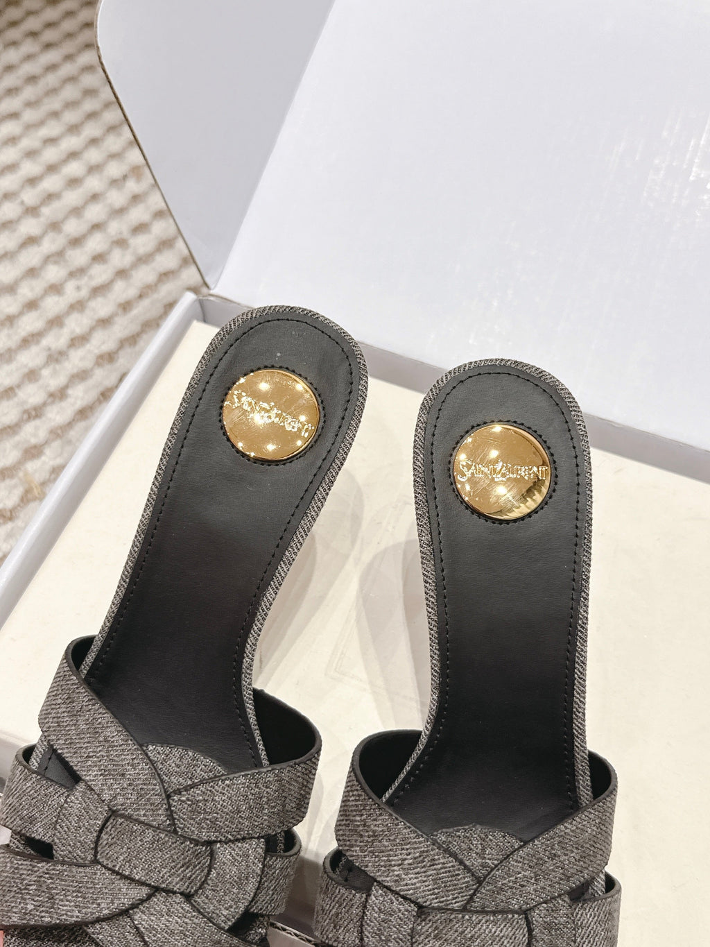YSL 26ss High-Heeled Slippers 75  Dark Gray Canvas Calfskin 654748