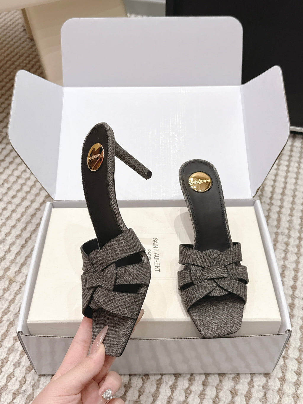 YSL 26ss High-Heeled Slippers 75  Dark Gray Canvas Calfskin 654748